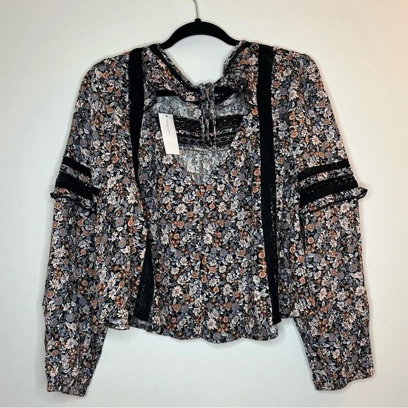 American Eagle Floral Lace Ruffle Babydoll Peasant Long Sleeve Top Size XL NWT - Picture 2 of 7